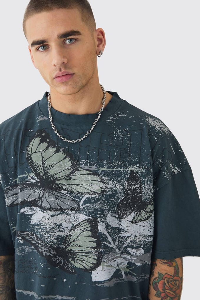Oversized Boxy Butterfly Print Washed Raw Edge T-Shirt | Grey | Size Medium