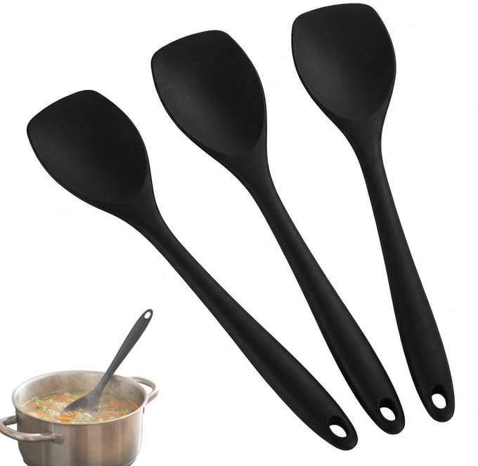 Set van 3 menglepels van siliconen, zwart, 27,5 cm, hittebestendig, 210 °C, krasbestendig, vaatwasmachinebestendig