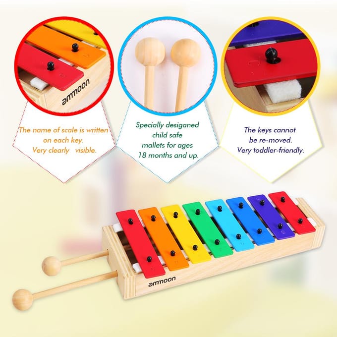 Ammoon 8 Compacte Taille Xylofoon Glockenspiel met Houten Stokken veelkleurig
