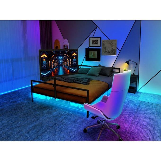 Parc noir avec support réglable, éclairage LED et panier de rangement sous le lit.