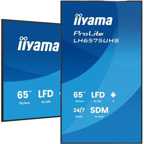 iiyama LH6575UHS-B2AG professioneel digitaal beeldscherm, 163,8 cm, 4K UHD, LCD, 500 cd/m², wifi, met Android 11, FailOver en Intel SDM slot, 24/7,