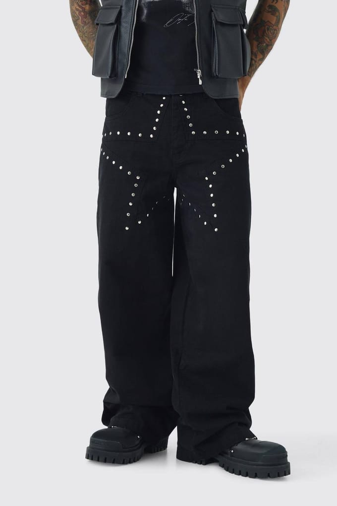 Baggy Fit Rigid Star Studded Jeans | Washed Black | Size 52R
