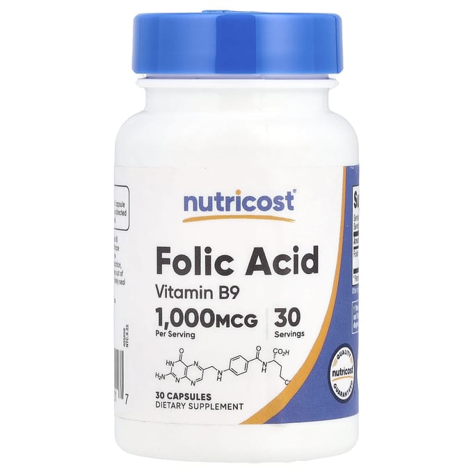 Acide Folique, 1 000 mcg, 30 Capsules