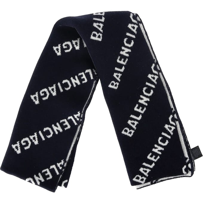 Balenciaga Logo-Intarsia Sjaal in Donkerblauwe Wol