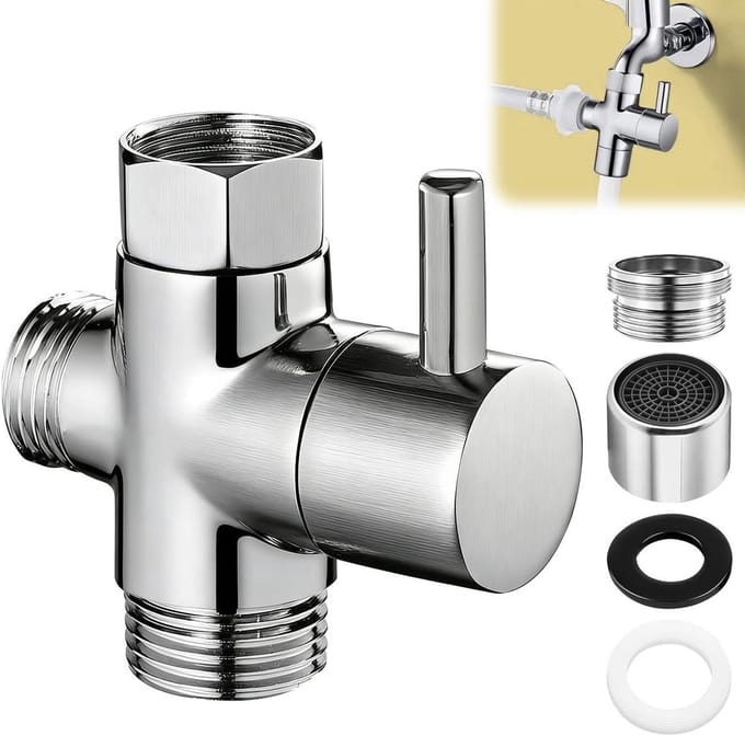 Kraan Adapter - Drie Weg Klep - Douche Omleiden - Messing Constructie - G1/2 - Zilver