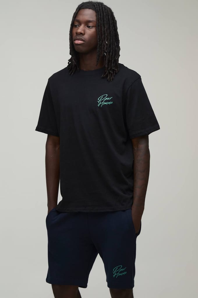 Regular Fit T-shirt & Short Set Met Palmboomprint | Black | Size Medium