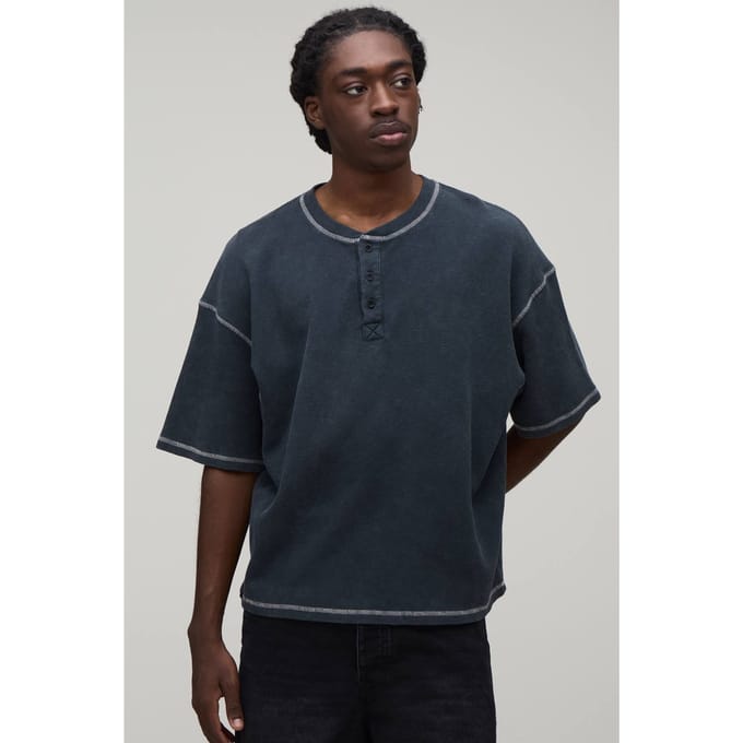 Oversized Boxy Acid Wash Waffle Henley T-Shirt | Charcoal | Size Medium