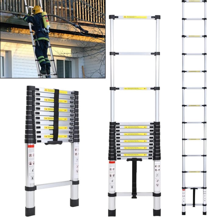 Telescopische Ladder - Uitschuifbare Ladder - Klus Klaren - Aluminium Constructie - 3.8 Meter - Zilver