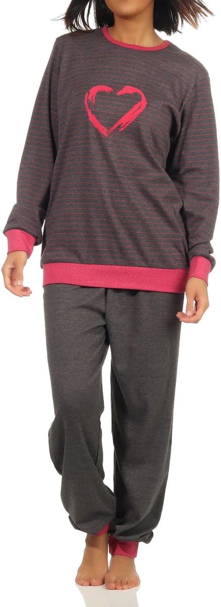 Damespyjama met lange mouwen, manchetten en hartmotief - ook in oversized maten