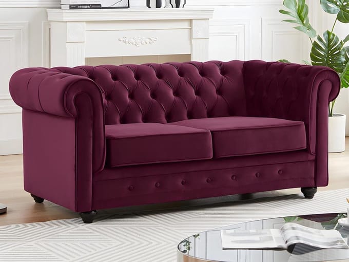 Vente-unique Tweezitsbank van purper velours CHESTERFIELD