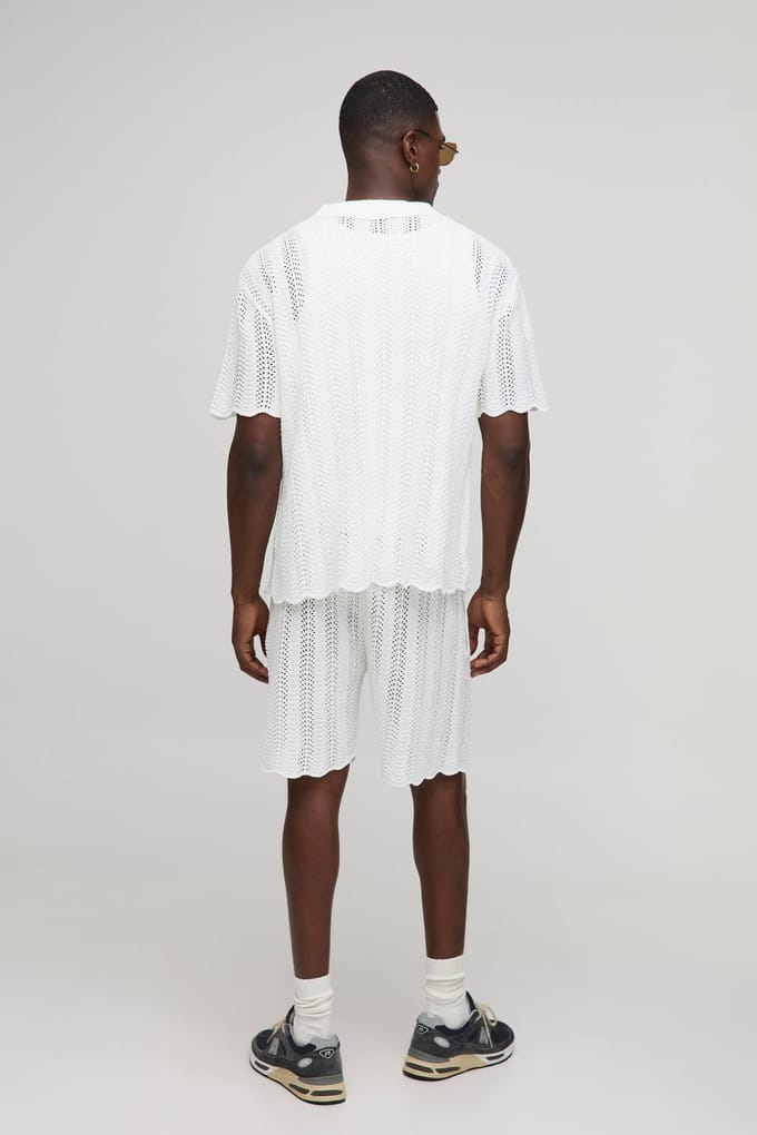 HEREN Oversized Boxy Geborduurd Golvend Gehaakt en Gebreid Overhemd | White | Size Medium