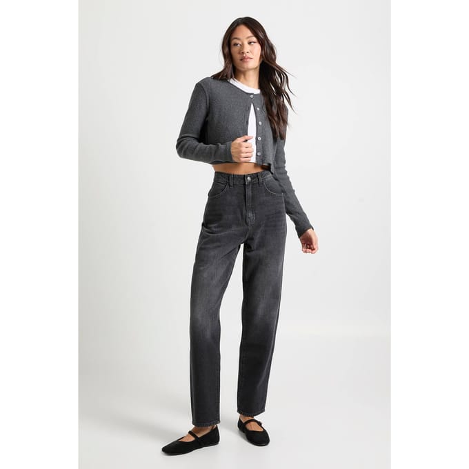 Dames Lang Boohoo Basics mom jeans met hoge taille | Washed Black | Maat: 14/36L