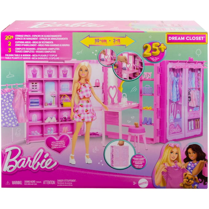 Barbie Super Kledingkast - Modepop met 25+ Stukken, Roze Glitterkast %26 Kaptafel