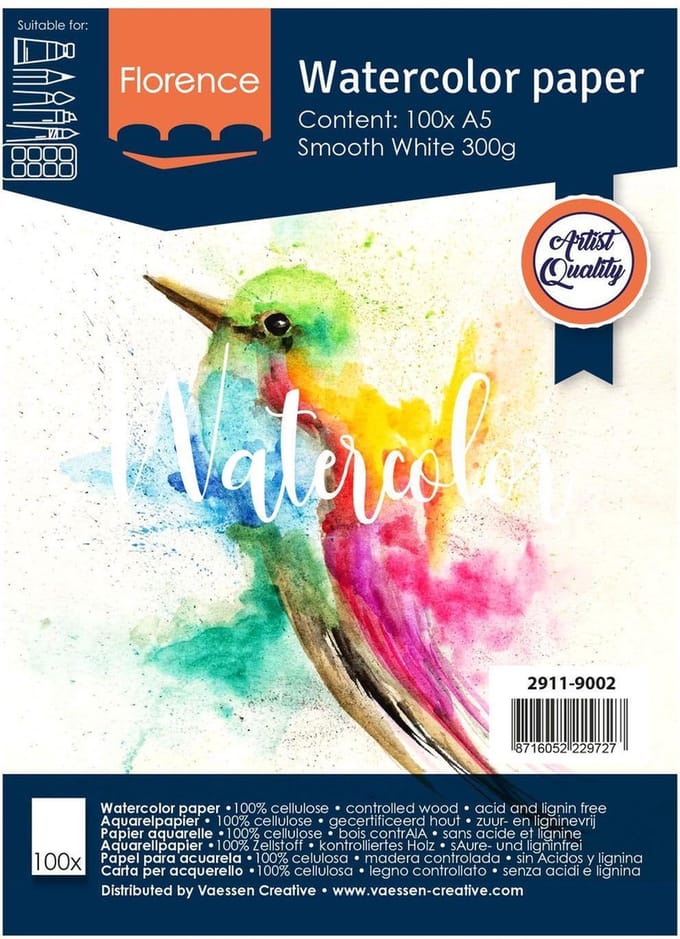 Aquarelpapier - Intense White - A5 - 300 grams - Gladde Structuur - Smooth - Florence - 100 vellen