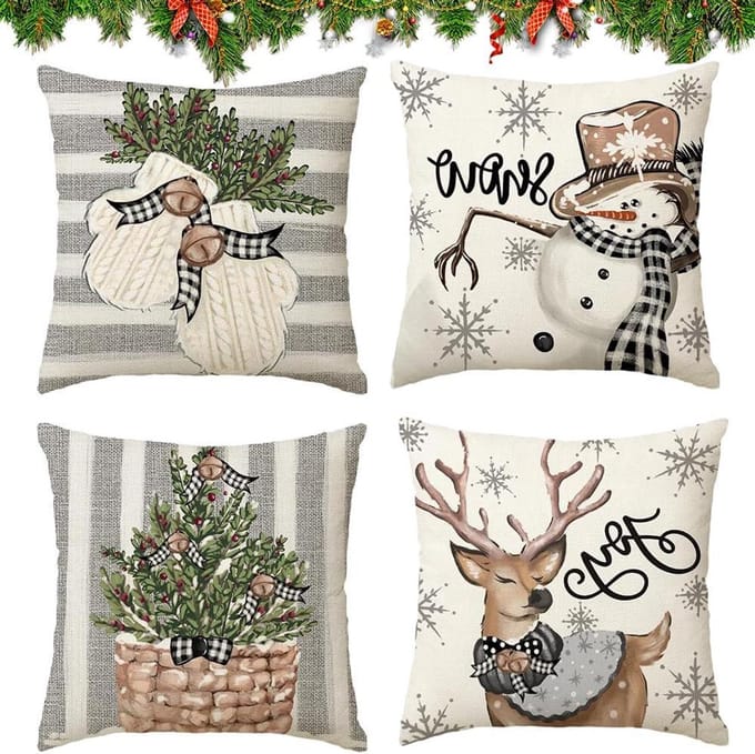 Linnen decoratief kussen - Kerstmotief - 50 x 50 cm - 4 stuks