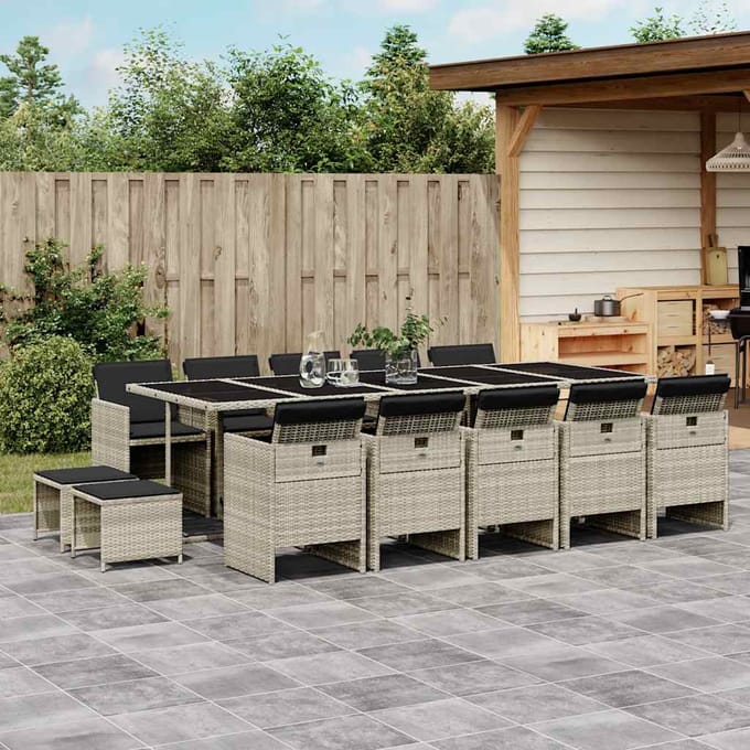 vidaXL - 15-delige - Tuinset - met - kussens - poly - rattan - lichtgrijs