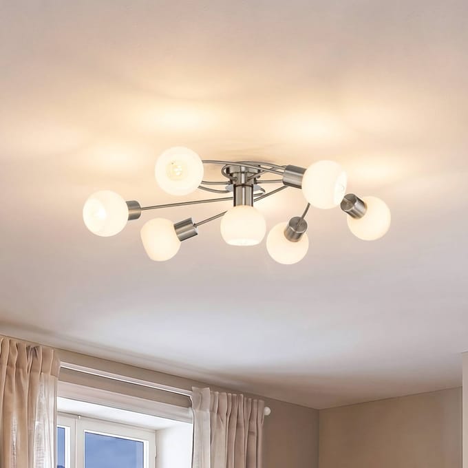 Lindby - plafondlamp - 7lichts - Glas, metaal - H: 17.5 cm - E14 - wit, nikkel gesatineerd