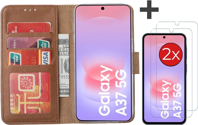 Hoesje met 2 Stuks Screenprotectors Geschikt voor Samsung Galaxy A37 – Arara bookcase met pasjeshouder - Bruin