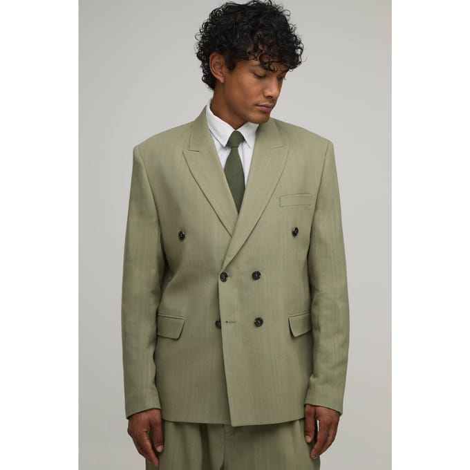 Linen Look Oversized Double Breasted Blazer | Olive | Size 46