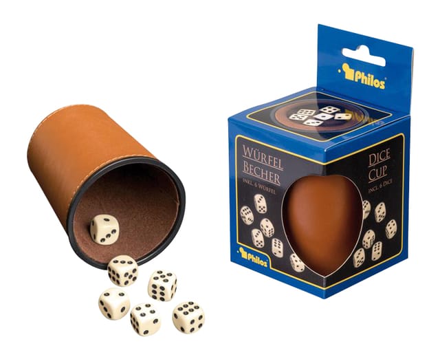 Philos dobbelbeker kunstleer met 6 dobbelstenen bruin spelaccessoire.
