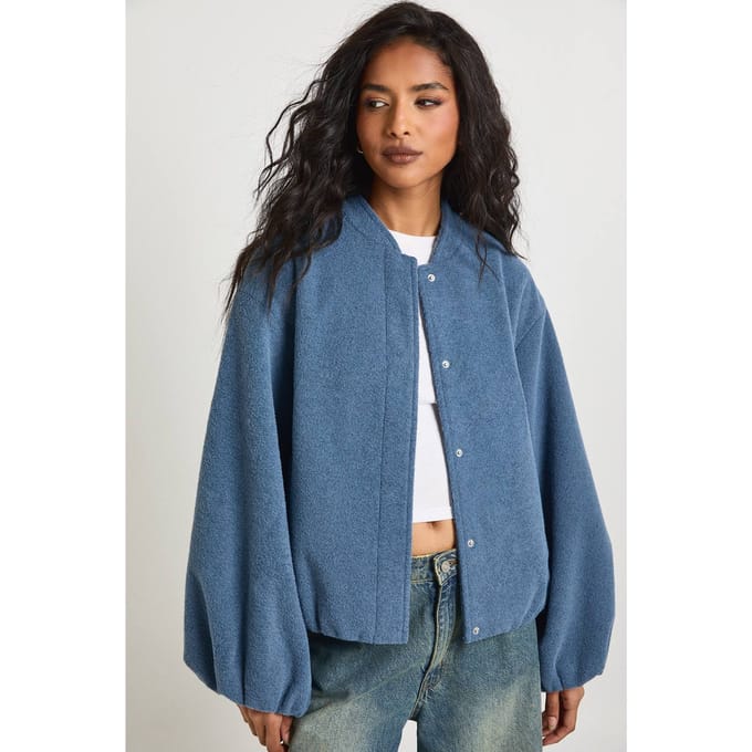 boohoo Dames Ballonmouw Wollen Look Bomber Jacket | Blue | Maat: 8