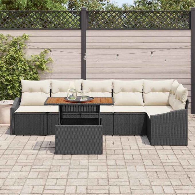 vidaXL Tuin Eettafel Set met kussen 7 pcs Zwart en Crème