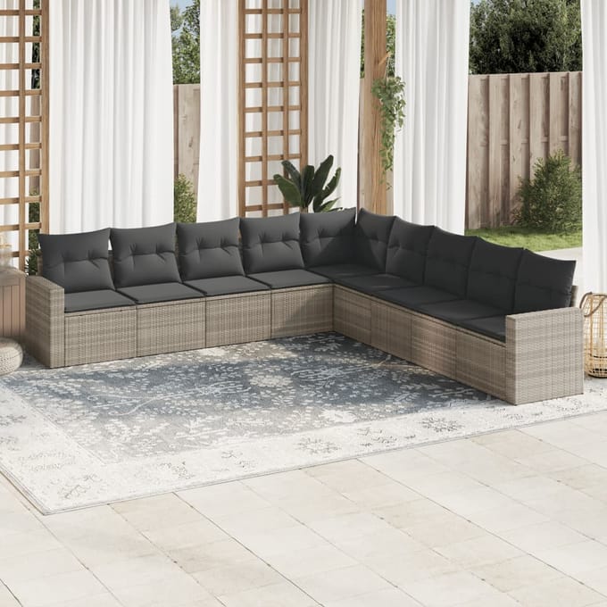 vidaXL - 9-delige - Loungeset - met - kussens - poly - rattan - lichtgrijs