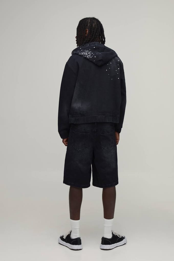 Boxy Rhinestone Gewassen Zwarte Denim Hoodie | Washed Black | Size Medium