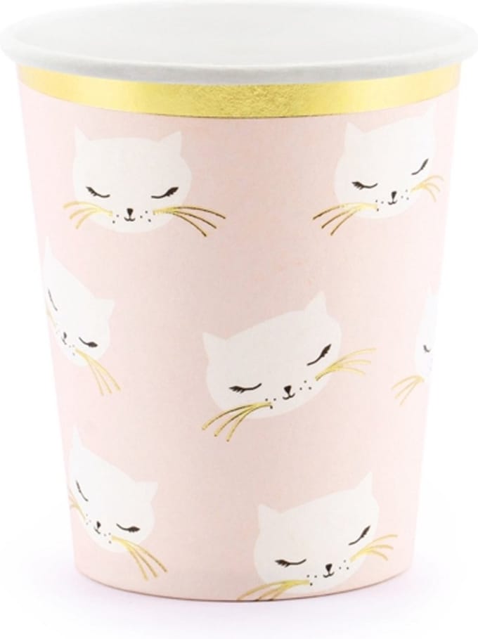 PARTYDECO - 6 kartonnen roze en witte katten bekers