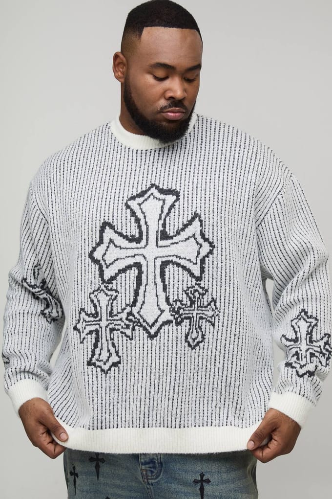 Plus oversized boxy pluizige cross jacquard gebreide trui | Ecru | Size 2XL