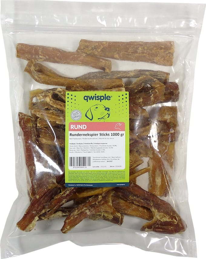 Qwisple Rundernekspier Sticks - Natuurlijke Hondensnacks - 1000 gram