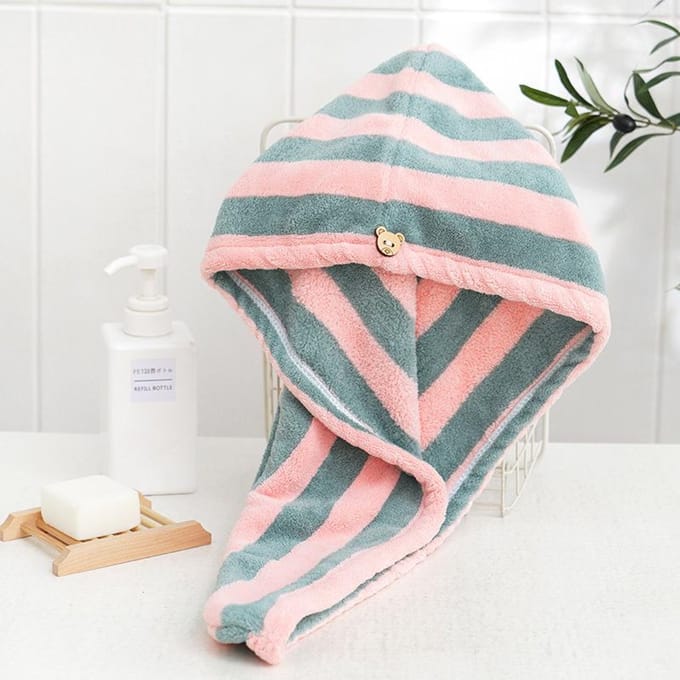 Microfiber haarhanddoek, verdikte koraalfluwelen, cationische droogkap voor haar, waterabsorberend en sneldrogend, gestreepte badmuts grijs/roze