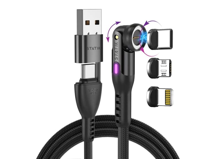 Statik 360 Pro Universeel Magnetisch oplaadkabel - 100W - 480 Mbps Data Transfer - 1m - Nylon Gevlochten - Zwart