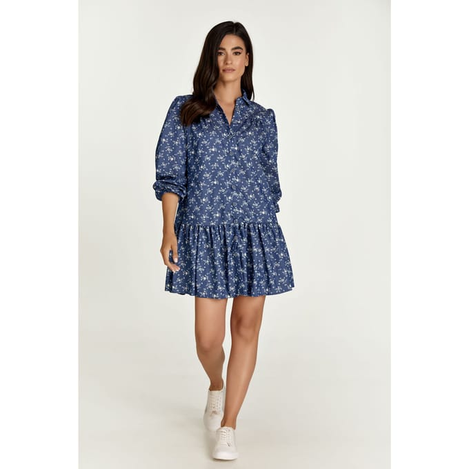 Indigo bloemenjurk met knopen