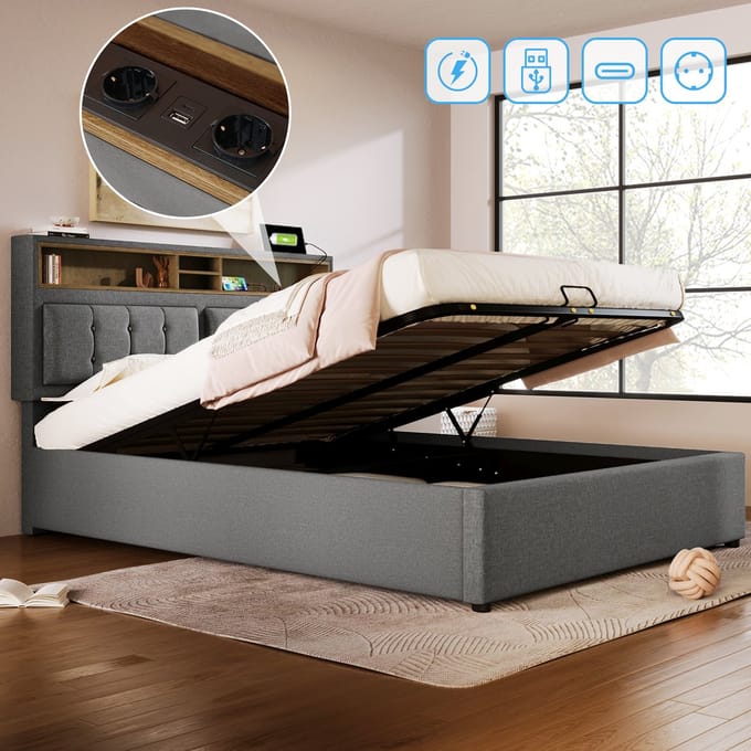 Polsterbed - 160x200 - USB-C-oplaadfunktie - opbergbed - bedframe met ledematen