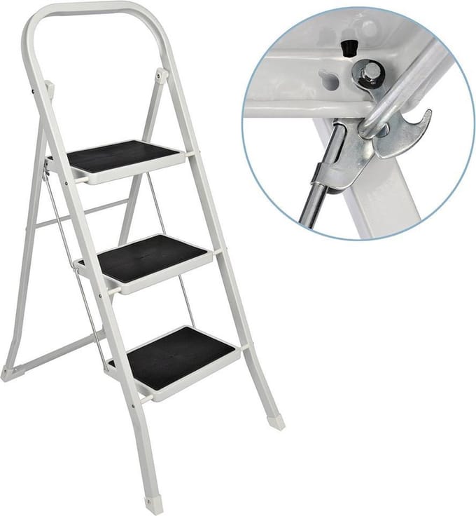 Inklapbare huishoudtrap 3 treden - Anti Slip - Wit