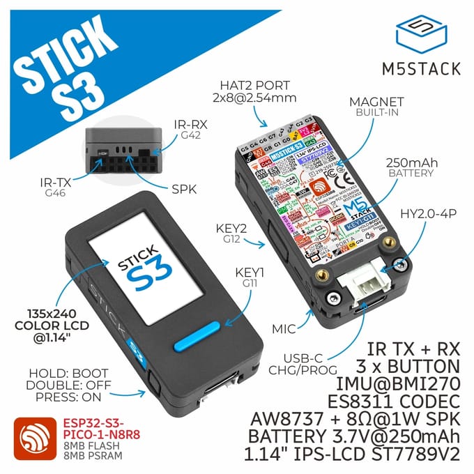 M5Stack Officiële M5StickS3 ESP32S3 Mini IoT Ontwikkelingskit StickS3