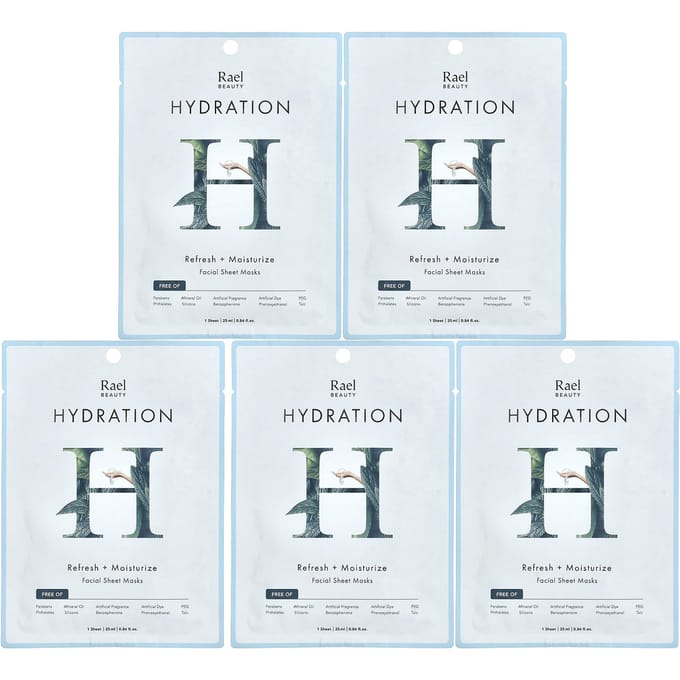 Rael, Beauté, Hydratation Masque en Tissu Beauté Visage, 5 feuilles, 25 ml (0,84 once liquide) chaque white