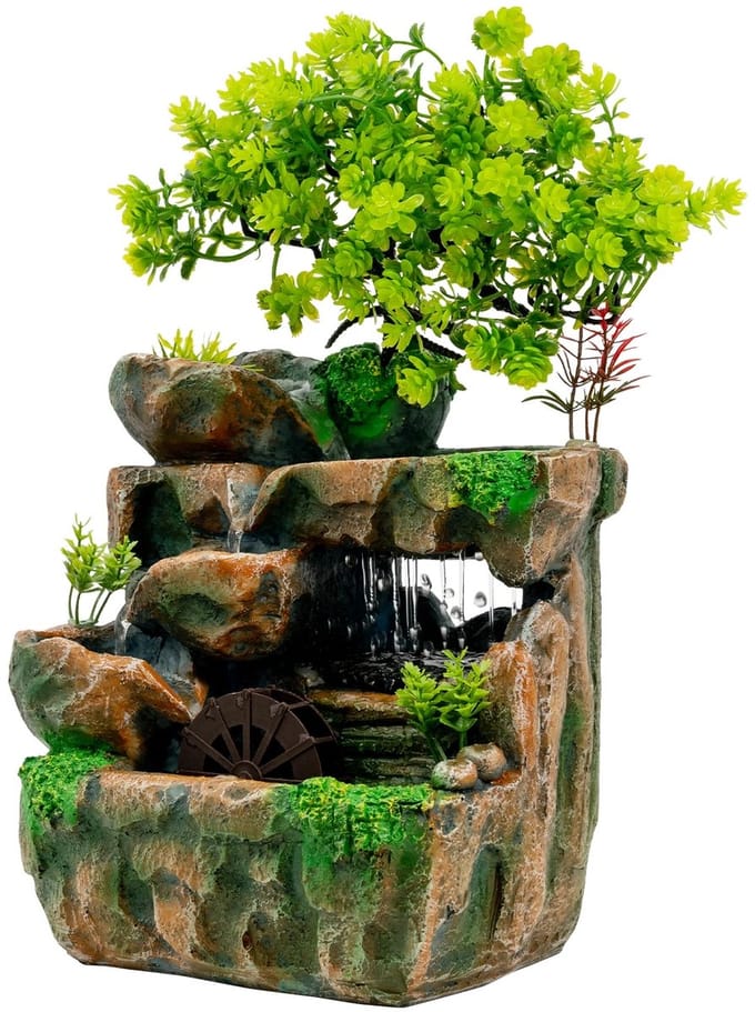 tafelfontein met waterwiel en boom - multicolor LED - groen