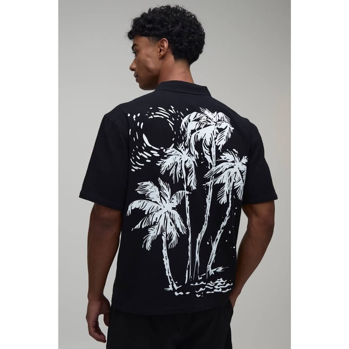 Oversized Korte Mouw Shirt Met Contrasterende Palmbomenprint | Black | Size Medium