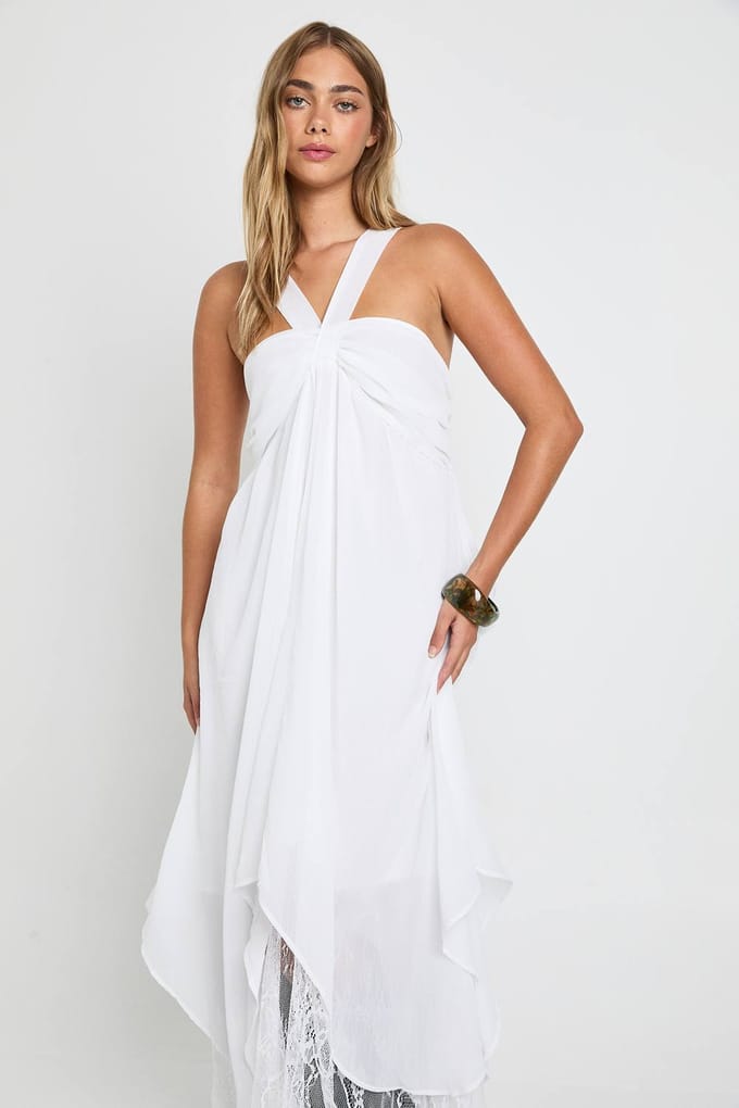 boohoo Dames Chiffon Kant Mix Halterneck Maxi Jurk | Ivoor | Maat: 36