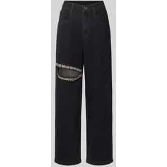 straight fit jeans met cut-out en sierstenen