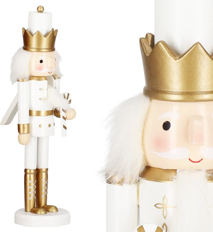 Springos Notenkraker Kerst | Houten Soldaat | Kerstversiering | Goud/Wit | 30,5 cm