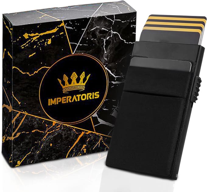 Imperatoris | Luxe Slim Kaarthouder/Pasjeshouder/Portemonnee - Aluminium - Uitschuifbaar - RFID & NFC Beveiliging - Zwart