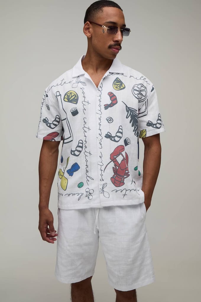 Getextureerd Katoenen Oversized Shirt & Relaxed Short Set Met All-over Voedselprint | White | Size Large