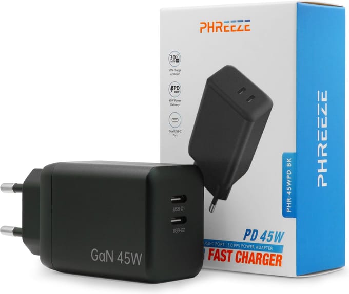 Usb C Adapter 2 Poorten - GaN Lader - Snellader 45w - Oplader voor Telefoon, Tablet en Laptop