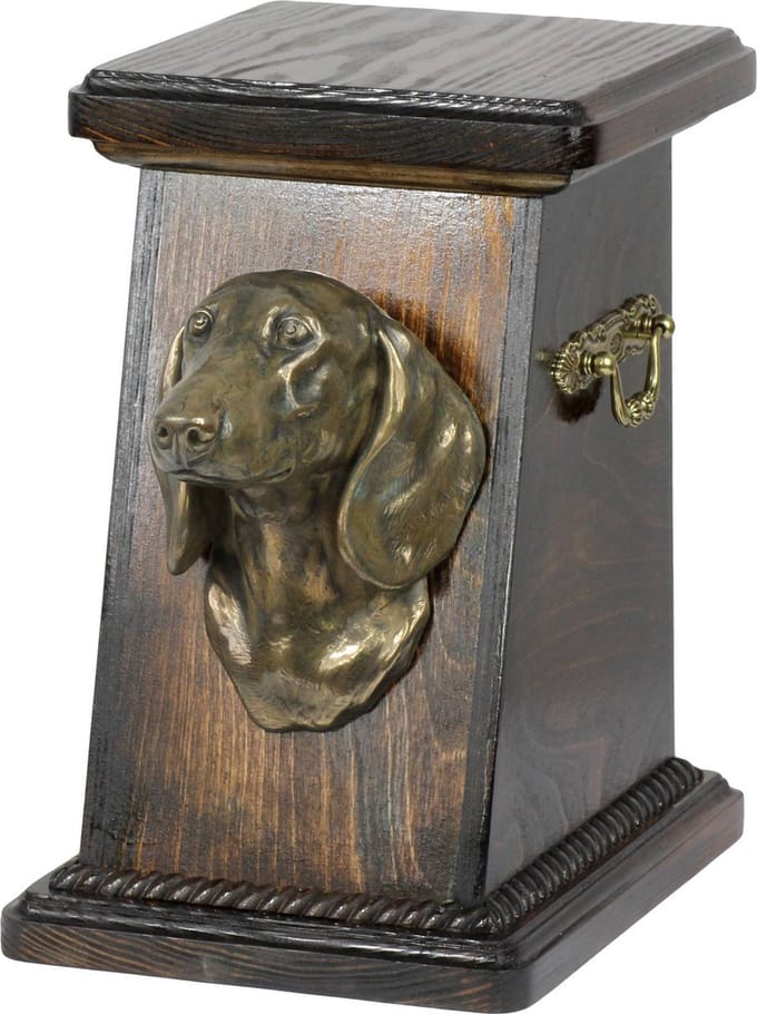 Elegante teckel urn met beeld voor hondenas, ter nagedachtenis