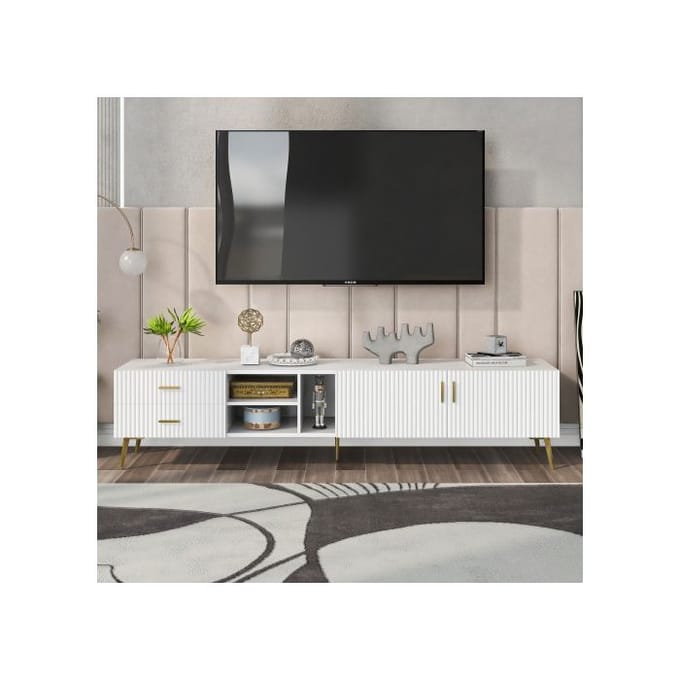 Meuble TV pour TV 75 , Centre de divertissement moderne, Console média (Blanc)