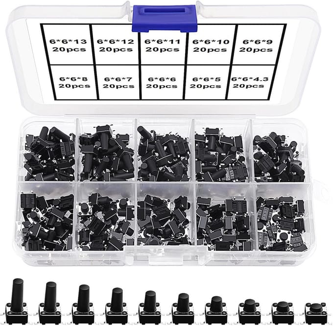 200 Stuks Mini Micro Drukknopschakelaars - 6x6mm Tactiele Drukknop Assortiment voor Elektronische Projecten