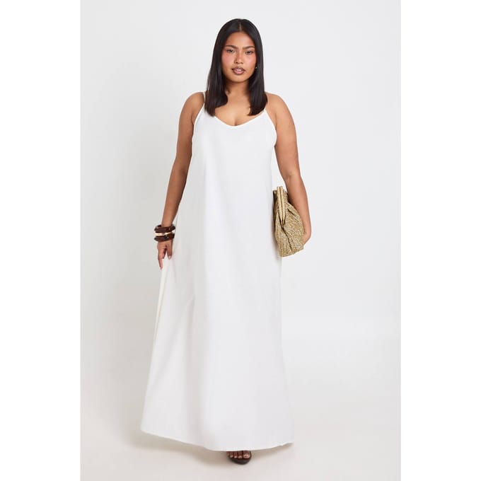 boohoo Dames Plus Linnen Hanky Zoom Maxi Jurk | Natural | Maat: 44